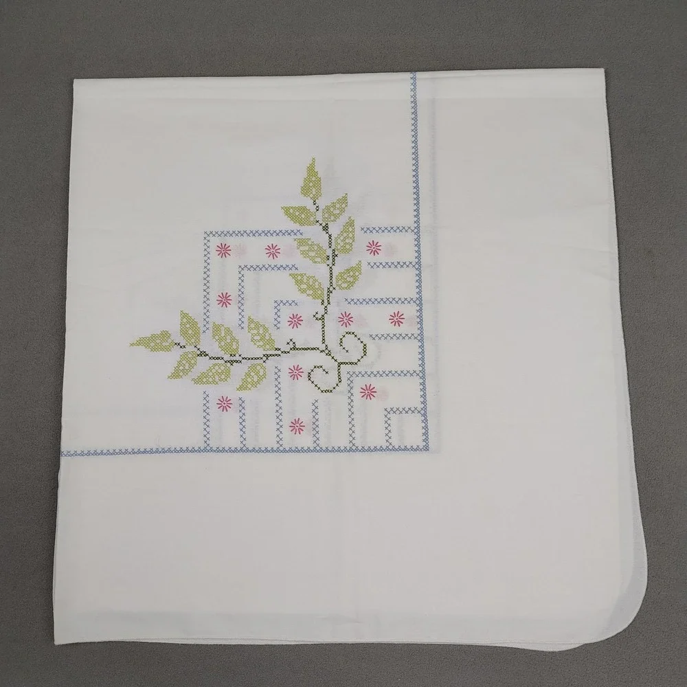 Vintage Embroidered Tablecloth Large 59x59 Floral Garden MCM 50s Cross Stitch